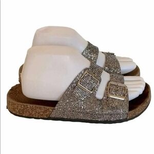 H2K Sparkly‎ Glitter Double Buckle Cork Slides Sandals Rhinestone Comfort